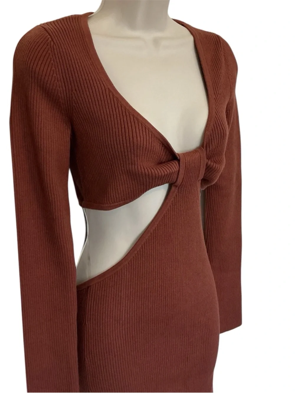 NWT Cotton Cotton LA Brown Cutout Long Sleeve Bodycon Sweater Dress Size L - Picture 2 of 7